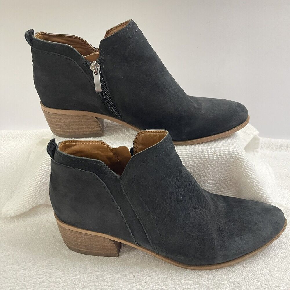 Franco Sarto Laslo Women's Size 8 Black Suede Brown Heel Ankle Boots Nubuc Zip
